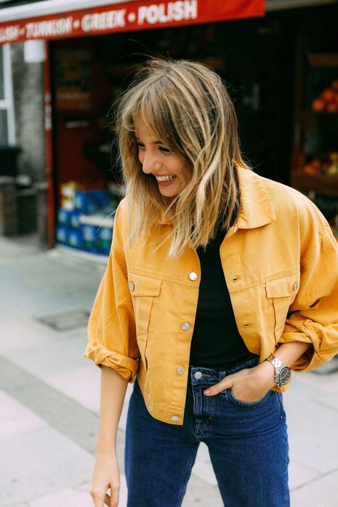 New Threads - Jeans Jacket - Ideas of Jeans Jacket #jeansjacket #jacket #jeans -  Yellow Denim Jacket from Weedkdays | Autumn outfit inspiration #Yellow Jean Outfit, Jacket Ideas, Yellow Jeans, Jean Jacket Outfits, Denim Jacket Outfit, Yellow Denim, Transition Outfits, Yellow Outfit, Jeans Jacket