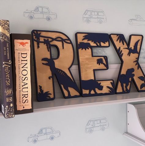 Studio Blake’s Instagram post: “🦕🦖XL dinosaurs for Rex! I’ve propped these on the shelf but when hanging on the wall or door, we recommend using command strips. Available…” Dino Toddler Room, Dinosaur Bedroom Ideas, Dinosaur Themed Bedroom, Dinosaur Name Sign, Dino Bedroom, Bespoke Bedroom, Boys Dinosaur Bedroom, Dino Room, Dinosaur Decals