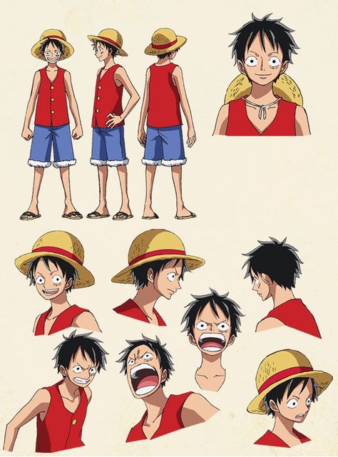 Monkey D. Luffy sheet, Official reference, Settei Luffy Official Art Manga, Luffy Reference Sheet, One Piece Drawing Style, Luffy Hairstyle, Luffy Drawing Reference, Luffy Pose Reference, How To Draw One Piece Style, Luffy Concept Art, One Piece Reference Sheet