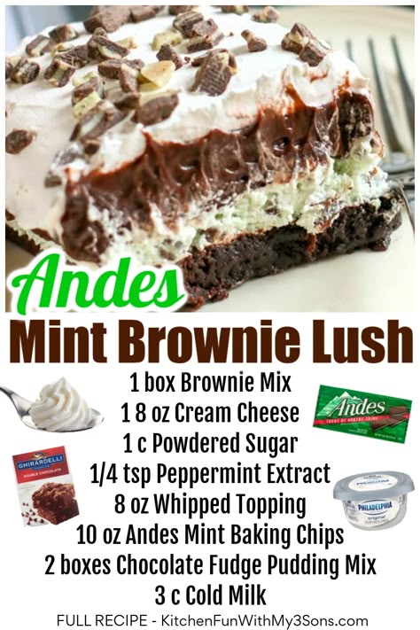 Brownie Refrigerator Cake Recipe, Chocolate Mint Desserts Easy, Easy Mint Brownies, Andes Mint Desserts, Andes Mint Pie Recipe, Chocolate Mint Desserts, Andes Mint Cake, Andes Mint Recipes, Andes Mints Brownies