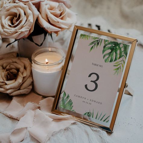 $1.30 | Wild Tropical Palm | Blush Table Number #beach table numbers, modern wedding reception table number, tropical wedding table numbers, destination wedding table sign, summer bridal shower, exotic watercolor palm leaves k083, wild rainforest jungle fern foliage, elegant palm tree leaf greenery, tropic botanical plant banana palms, blush pink and green botanic Blush Beach Wedding, Tropical Wedding Table, Banana Palm Tree, Reception Table Number, Wedding With Greenery, Modern Wedding Reception, Banana Palm, Beach Table, Botanical Plants