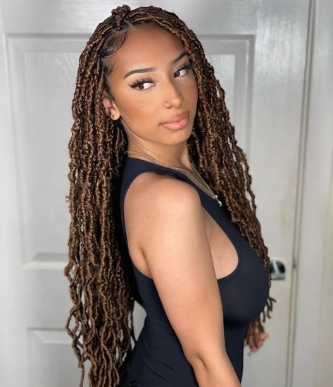 Brown Blonde Faux Locs, Medium Length Distressed Soft Locs, Locs Hairstyles Brown, Color 4 Soft Locs, Chocolate Brown Faux Locs, Long Fox Locs, Dark Brown Faux Locs, Different Color Soft Locs, Dark Brown Soft Locs