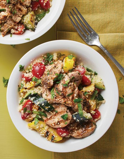 Mediterranean Pork Bowls with grilled summer vegetables Recipe Mediteranian Pork Recipes, Mediterranean Diet Pork Recipes, Mediterranean Pork Recipes, Beef Hamburger Recipes, Pork Bowls, Pork Bowl, Summer Vegetable Recipes, Sandwiches Lunch, Ground Pork Recipes