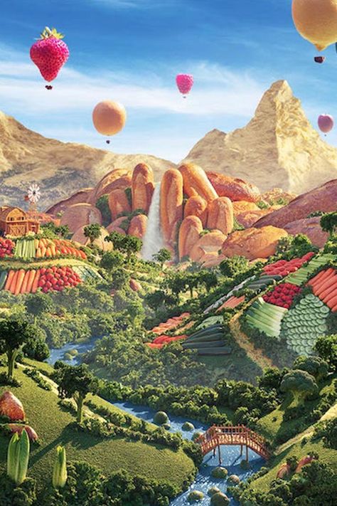 Carl Warner uses everyday ingredients to create incredible food art landscapes. #foodart #landscapeart Carl Warner, Food Landscape, Food Collage, Food World, 귀여운 음식 그림, Food Artists, Art Landscapes, Arte Inspo, Hot Air Balloons