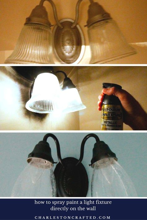 How to Update a light fixture with spray paint - without taking it off the wall! charleston crafted Spray Painting Light Fixtures, Sink Makeover, Pretty Bath, Light Fixture Makeover, Painting Light Fixtures, House Improvement, Diy Light Fixtures, Painting Light, Metal Light Fixture