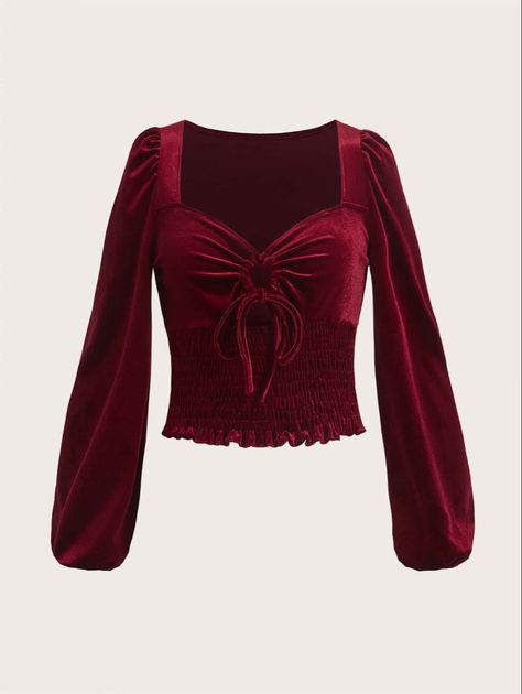 red top Red Velvet Top Outfit, Cute Red Shirts, Velvet Tops Outfit, Red Velvet Clothes, Wednesday Clothes, Dark Red Top, Fuschia Top, Music Video Looks, Red Velvet Top