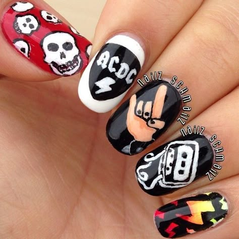 Rock Band Nail Designs, Ac Dc Nails, Music Themed Nails, Rock And Roll Nails Design, Acdc Nails, Vaycay Nails, Nail Men, Rock Nail Art, Music Nail Art