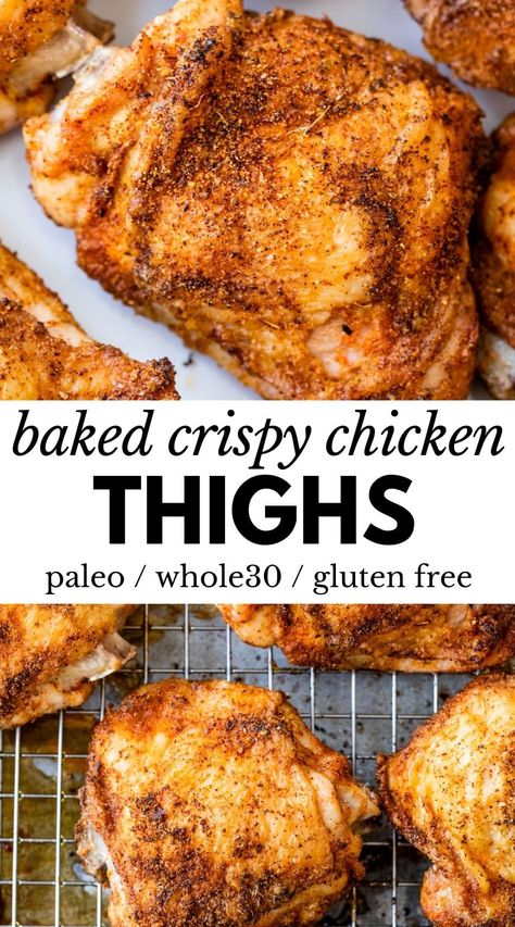 These easy Crispy Chicken Thighs are baked in the oven and a delicious main to pair with your favorite side dish. How To Get Crispy Chicken Skin In Oven, Bake Chicken Thigh Recipes, Easy Bone In Skin On Chicken Thigh Recipes, Bine In Chicken Thigh Recipes, Fried Chicken Thigh Recipes Bone In, Crispy Chicken Skin In Oven, Breaded Chicken Thighs Baked, Chickenthighrecipes Oven, Chicken Tight Oven Recipes