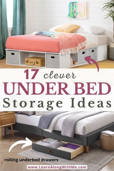 Organize your bedroom with one of these underbed storage ideas. All that space under your bed is wasted space: this is especially true if you have a small bedroom.  Using your underbed space for storage can help reduce visible clutter in your bedroom.  
You can store off-season clothes, extra bedding, books, toys, and more under your bed.  And what's great is that with one of these underbed storage ideas, your stuff is still easy to reach and get at. It isn't tucked away in a storage locker. Under Storage Bed Frame, Best Underbed Storage, Visible Storage Ideas, Underbed Clothing Storage, Basket Storage Under Bed, Storage Ideas For Under The Bed, Under Bed Clothes Storage Ideas, Cube Storage Under Bed, Underneath Bed Storage Ideas