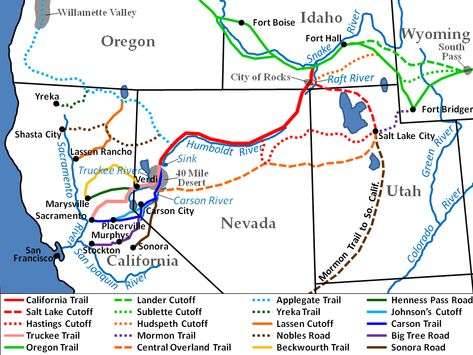 (1820-1860) Western Trails Nevada Ghost Towns, Central Pacific Railroad, Transcontinental Railroad, Donner Party, California Trail, Truckee River, Western Trail, Missouri River, Genealogy Records