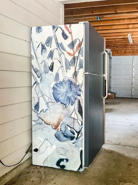 Wallpaper On Fridge, Garage Makeover On A Budget, Wallpaper Refrigerator, Garage Makeover Ideas, Painted Garage Walls, How To Wallpaper, Fridge Makeover, Navy Paint, Paint Wallpaper