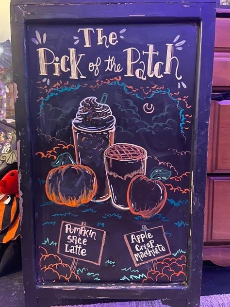 Fall Menu Board, Fall Coffee Chalkboard Art, Starbucks Halloween Board, Halloween Starbucks Chalkboard, Autumn Coffee Chalkboard, Fall Chalkboard Signs Retail, Starbucks Signs Chalk Fall, November Sign, Chalk Art Coffee