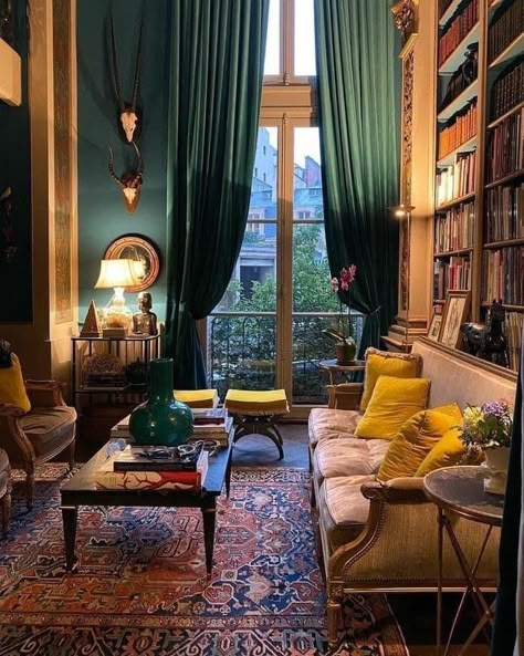 Apartment In Paris, A Living Room, Home Library, House Inspo, Dream Home Design, 인테리어 디자인, House Inspiration, Home Deco, Home Remodeling