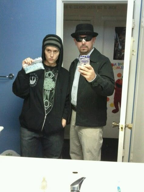 Walter White And Skyler Costume, Jessie Pinkman And Walter White Costume, Walter White And Jesse Pinkman Halloween Outfit, Funny Costume For Men, Buzz Cut Halloween Costume, Jessie Pinkman Halloween Costume, Jessie Breaking Bad Costume, Jessie And Walter Costume, Sick Halloween Costumes