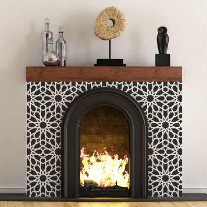 Boho Fireplace Ideas, Moroccan Tile Fireplace, Moroccan Fireplace, Fireplace Revamp, Easy Room Makeover, Herringbone Wall Stencil, Mantel Makeover, Fireplace Options, Geometric Wall Stencil