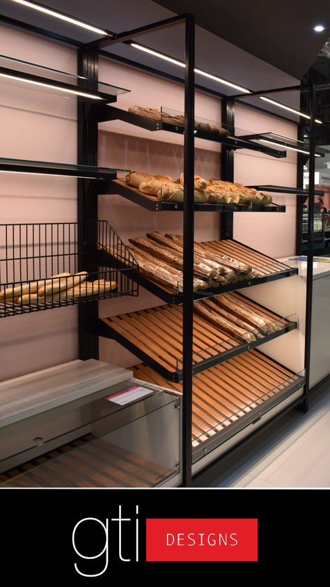 The Urban Bread Rack is an extremely customizable self service merchandiser for breads and prepackaed bakery goods. Options for shelving, size, and color available. Bakery Rack Display, Bakery Wall Display, Bread Rack Display, Bakery Furniture, Display Wall Design, Bar Furniture Design, Bakery Shop Interior, Bread Display, Bakery Goods