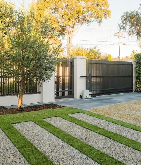 Concrete Grass Driveway, Concrete And Grass Driveway, Driveway Grass Pavers, Exposed Aggregate Driveway Ideas, Turf Walkway, Artificial Grass Driveway, Front Yard Parking, Grass Driveway Ideas, Drive Way Ideas Concrete