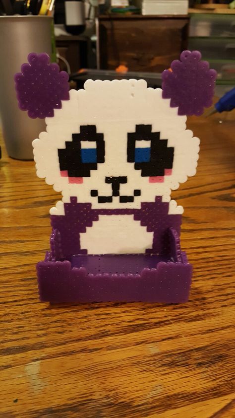 Perler Bead panda phone stand. God bless! Perler Bead Phone Stand, Perler Creations, Easy Perler Beads Ideas, Fuse Bead Patterns, Perler Crafts, Aqua Beads, Hama Beads Patterns, Beaded Jewlery, Melting Beads