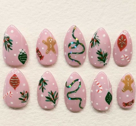 Disney Nails Thanksgiving, Almond Gingerbread Nails, Cake Frosting Nails, Nontraditional Christmas Nails, Funny Bunny Christmas Nails, Christmas Stamp Nails, Fun Christmas Nails Acrylic, Simple Gingerbread Nails, Sugar Cookie Nails