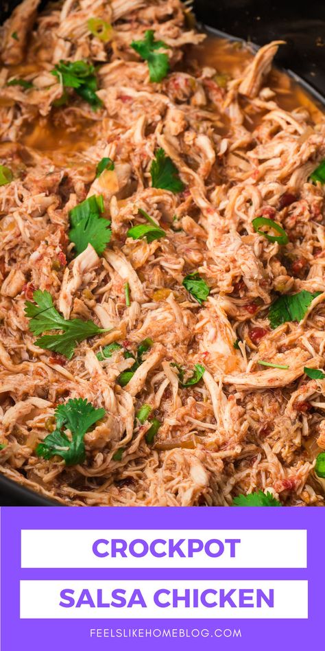 A close-up of easy crockpot salsa chicken, featuring tender shredded chicken cooked in a flavorful salsa mixture, garnished with fresh herbs and lime, perfect for crockpot tacos, chicken tacos, or a healthy, low-carb, keto-friendly dinner. Crockpot Shredded Chicken Tacos, Crockpot Salsa Chicken, Chicken For Tacos, Crockpot Salsa, Salsa Chicken Recipe, Heart Healthy Recipes Cholesterol, Crockpot Mexican Chicken, Chicken In The Slow Cooker, Juicy Shredded Chicken