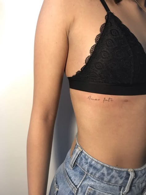 Rib Tattoos For Women Quotes, Rib Tattoos Words, Rib Tattoo Placements, Amor Tattoo, Small Rib Tattoos, Rib Tattoos For Women, Cute Simple Tattoos, Small Girly Tattoos, Small Quote Tattoos