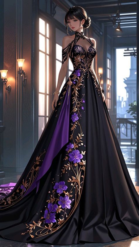 Anime Gown Designs, Fancy Formal Outfits, Hades Inspired Outfit, Purple Fantasy Dress, Ball Gowns Fantasy, Star Facts, Moon Earth, Drag Queen Outfits, Magical Dress