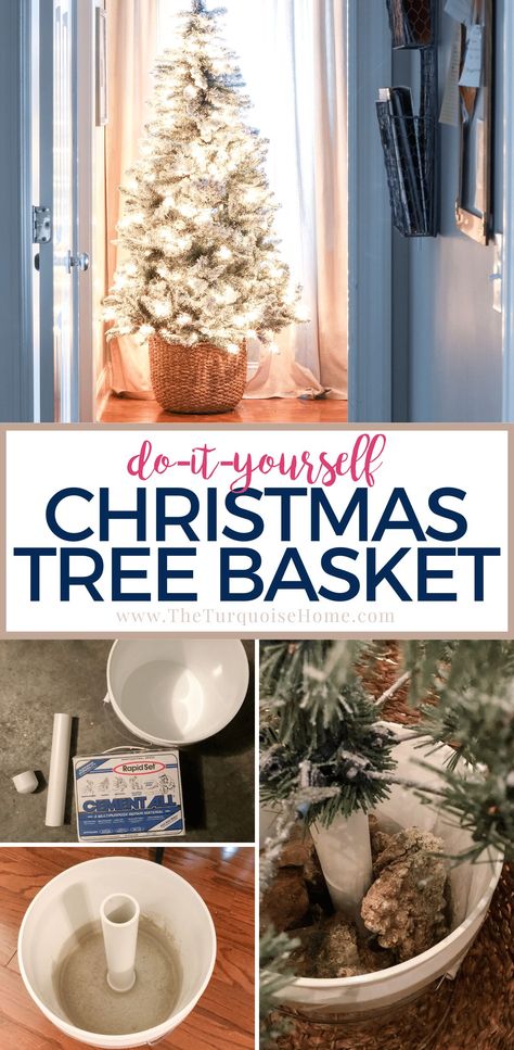 The easiest way to make a Christmas tree basket in lieu of the traditional tree skirt. It is such a simple DIY project and so stinkin' cute! Plus the best basket Christmas tree collars in case you don't want to DIY anything! 😉 Christmas Tree Crate Stand Diy, Christmas Tree Stand Cover Ideas, Christmas Tree Stand Box Diy, Under Christmas Tree Decor Ideas Diy, Flower Pot Christmas Tree Stand, Christmas Tree In Basket Diy, Pencil Tree In Basket, Diy Christmas Tree Stand For Fake Tree, Christmas Tree Collars Diy