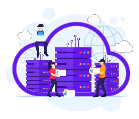 Cloud Computing concept, People working on laptop and server, Digital storage, data center. Vector illustration Working On Laptop, Cloud Data, Data Design, Learning Graphic Design, Match Made In Heaven, Data Center, Made In Heaven, The Cloud, Kids' Book