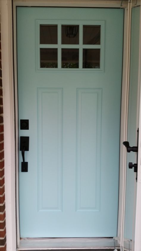 New front door. Hardware,  courtesy of Schlage curb appeal contest. Winner! Valspar color: Sea Kiss. Paint: HGTV Home/ Sherwin Williams Ovation, semi-gloss exterior. Valspar Front Door Colors, Valspar Colors, Front Door Hardware, New Front Door, Door Colors, Painted Front Doors, Front Door Colors, Contest Winner, Coastal Design