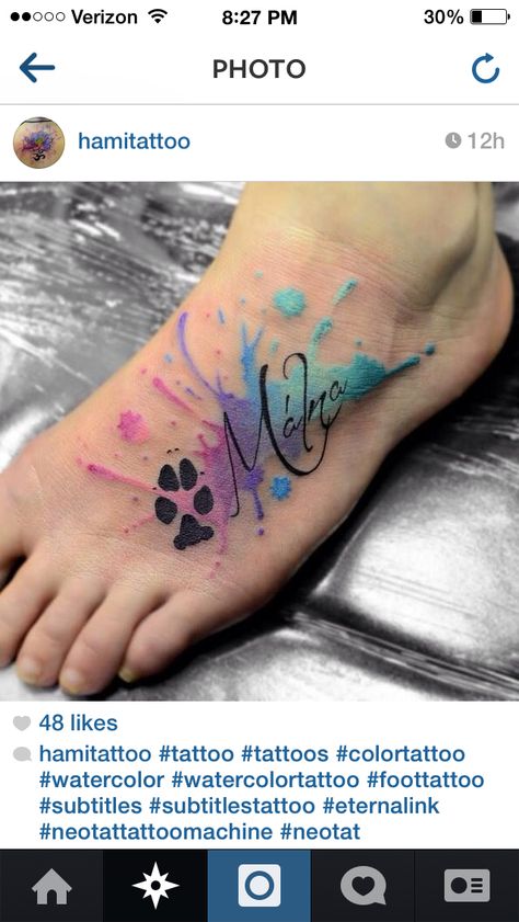 Paw Print Tattoo Dog Watercolor, Colorful Paw Print Tattoo, Yorkie Tattoos, Cat Paw Tattoo Ideas, Color Backsplash, Dog Pawprint Tattoo, Nose Tattoo, Cat Paw Tattoos, Remember Tattoo