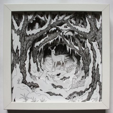 Deer in Snowy Glade Box Frame Alexi Francis, Macoto Takahashi Art, Pen And Ink Illustrations, Book Sculptures, Book Art Sculptures, Lettering Art, Hand Lettering Art, Book Sculpture, A Deer