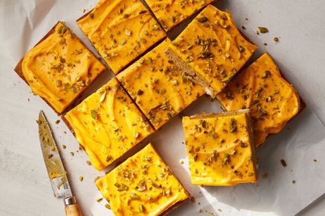 Saffron Pistachio Blondies Recipe - NYT Cooking The Menu, Blondies Recipe, Thanksgiving Food Desserts, Flavored Milk, Nyt Cooking, Over The Top, Samosa, Banana Pudding, White Chocolate Chips