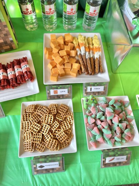 Minecraft Birthday  | CatchMyParty.com Minecraft Birthday Party Favors, Lego Minecraft Birthday Party, Minecraft Birthday Diy, Minecraft Breakfast, Minecraft Birthday Food, Minecraft Treats, Minecraft Snack Ideas, Minecraft Jello, Minecraft Snacks