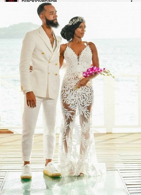 All White Party Outfits Couples, African American Beach Wedding, 10 Year Anniversary Dress Ideas, African Beach Wedding, Island Wedding Dress Beach, Beach Wedding Dress Black Women, Beach Wedding Black Couple, Vowel Renewal Ideas Dresses, Yacht Wedding Dress