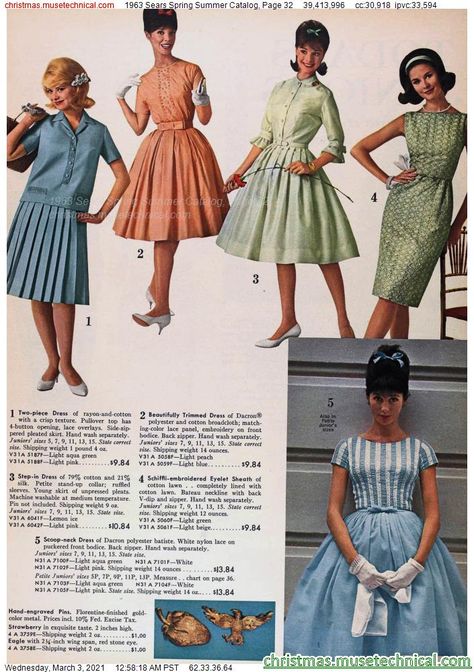 1963 Sears Spring Summer Catalog, Page 32 - Christmas Catalogs & Holiday Wishbooks 1963 Fashion, Early 60s Fashion, 60’s Fashion, Fashion Through The Decades, 60s Women, 1960 Fashion, 1960s Outfits, Old School Fashion, Dr Closet