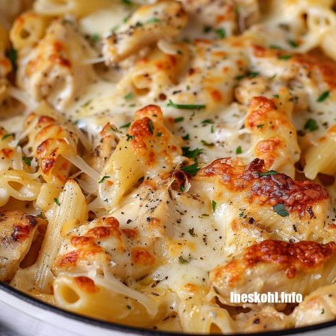 Italian Chicken Pasta Bake, Chicken Elbow Pasta Recipes, Pasta Garlic Parmesan, Creamy Italian Chicken Pasta, Elbow Pasta Recipes, Creamy Italian Pasta Salad, Ineskohl Kitchen, Creamy Cheesy Chicken, Pasta Garlic