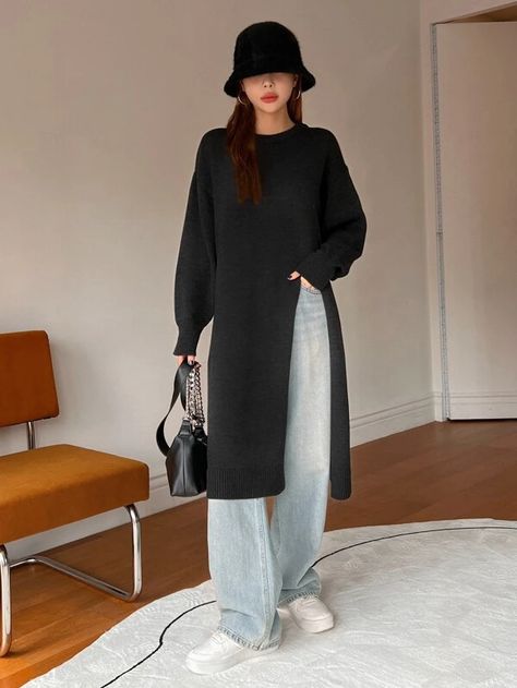 DAZY Ribbed Knit Drop Shoulder Split Hem Sweater | SHEIN USA Sweater Dress Outfit Ideas, Sweater Dress Outfit Fall, Sweater Dress Outfit Winter, Cream Sweater Dress, Brown Sweater Dress, Green Sweater Dress, Casual Chic Outfits, Fall Sweater Dress, White Sweater Dress