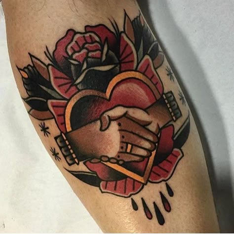 American traditional tattoos — oldlinesblog:   #tattoo by @sinalma.tattooer... Gilmore Girls Tattoo, Small Traditional Tattoo, Traditional Heart Tattoos, Anniversary Tattoo, Traditional Tattoo Inspiration, Small Heart Tattoos, Kunst Tattoos, Shaking Hands, Skeleton Hand Tattoo