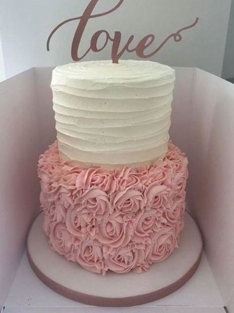 A 2 tier buttercream wedding cake in cream, pink and rose gold. I forgot to take a picture of it set up at the venue. Ma... 2 Tier Rosette Cake Birthday, Pink And White Tiered Cake, Pink And Gold Two Tier Cake, Pink And White 2 Tier Cake, Pink Rosette Cake 2 Tier, Pink And White 2 Tier Birthday Cake, Pink And Gold Tiered Cake, Rose Gold Pink And White Birthday Cake, 2 Teir Cakes Pink