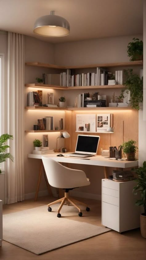 HOW TO CREATE A HOME OFFICE — 18 HOME OFFICE IDEAS Office Decor Two Desks, Small Study Design, Living Room With Home Office, Open Office Design Home, Home Office Decorating Ideas For Work, Working Room Design Home, Shelves In Home Office, Working Space In Living Room, Apartment Office Ideas