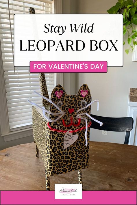 This Leopard Valentine Box for classroom Valentine parties is fun for kids to help make. Go wild with leopard! This Valentine box with wrapping paper comes to life with the addition of googly eyes, ears, and a tail. This animal Valentine box might need some adult help, but it is something kids can take a large part in helping with. Dalmatian Valentine Boxes, Dachshund Valentine Box Ideas, Leopard Valentines Boxes, Giraffe Valentines Boxes, Cat Valentine’s Day Boxes For School, Classroom Valentines Party, Unicorn Paint, Print Wrapping Paper, Leopard Face