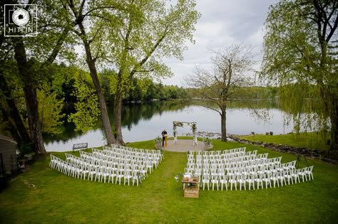 old daley on crooked lake wedding ceremony photo. Ceremony half circle seating. Seating Arrangement Wedding Ceremony, Half Circle Wedding Seating, Wedding Ceremony Seating Arrangement, Curved Ceremony Seating, Lake Ceremony, Half Circle Seating Wedding, Half Circle Wedding Ceremony, Park Wedding Ceremony Decorations, Outdoor Lake Wedding Ceremony