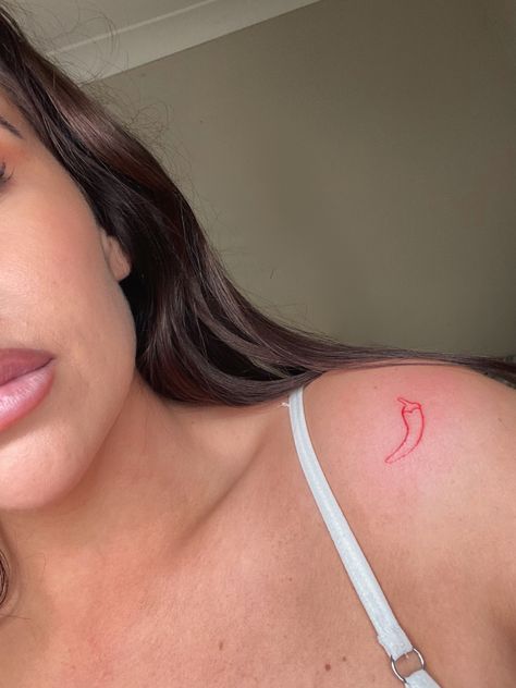 Chilli tattoo, aesthetic tattoos, fine line tattoos, red ink tattoos, tiny tattoo, minimal tattoo, pretty, girly, aesthetic Red Chilli Tattoo Fine Line, Red Chilli Tattoo, Chilli Tattoo, Tattoos Red Ink, Tattoos Fine Line, Tattoo Pretty, Tattoos Tiny, Tattoo Minimal, Aesthetic Tattoos