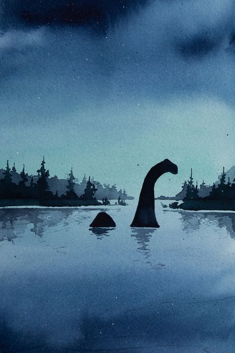 cryptid art Loch Ness Monster Painting, Nessie Painting, Cryptid Drawing Reference, Cute Cryptid Art, Cryptid Painting, Cryptic Academia, Cryptid Illustration, Cryptid Wallpaper, Loch Ness Monster Drawing