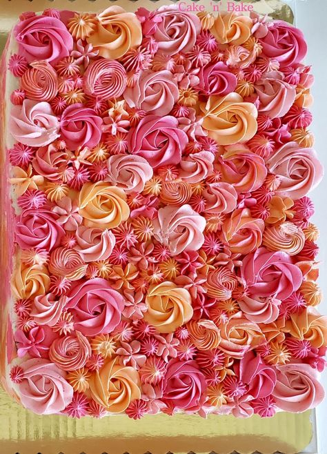 Vanilla sheet cake decorated with dark pink, light pink and peach colored rosettes. Sheet Cake With Rosettes, Rosette Sheet Cake, Pink Sheet Cake, Orange Color Cake, Sheet Cake Decorated, Vanilla Sheet Cake, Pink Rosette Cake, Sheet Cakes Decorated, 22 Bday