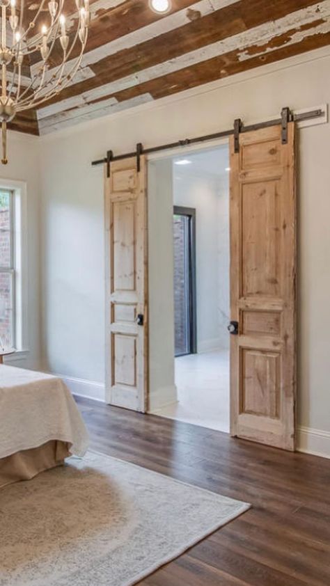 Hallway Into Bedroom, French Sliding Barn Doors, Extra Wide Hallway Ideas, Cottage Sliding Doors, Primary Bedroom Double Doors, Vintage Sliding Door, Double Barn Doors In The House, French Barn Doors Interior, Barn Renovation Ideas