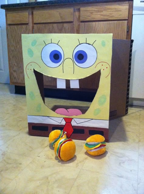 Cheap Spongebob party idea! I made this from a cardboard box, poster board, construction paper, markers, and glue. I bought the "crabby patties" at the dollar tree in the dog toy section. Toss the patties in his mouth! Spongebob Cardboard Cutout, Sponge Bob Party Food Ideas, Sponge Bob Decorations, Spongebob Party Games For Kids, Spongebob Birthday Party Games, Sponge Bob Birthday Party Ideas, Spongebob Party Ideas, Sponge Bob Party, Birthday Spongebob