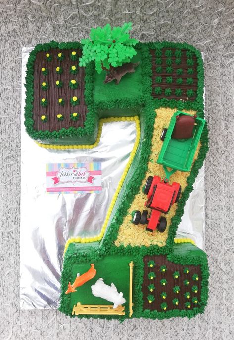 Number 7 farm theme cake Number Cake Farm Theme, Farmer Birthday Cake, 7 Cake, Tractor Party, 70th Birthday Cake, Farm Cake, Number Cakes, Themed Birthday Cakes, Farm Theme