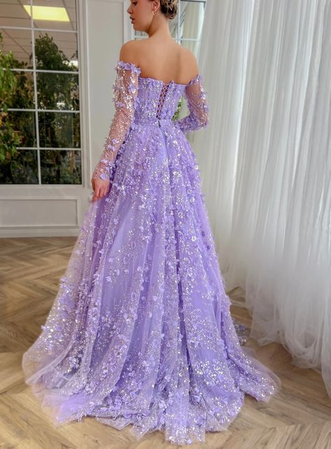 dress search:SS352 https://www.dreamyvow.com/products/dreamy-vow-elegant-3d-flowers-pink-luxury-dubai-evening-dress-with-overskirt-lilac-long-sleeves-women-wedding-party-gown-ss352-1?_pos=1&_psq=SS352&_ss=e&_v=1.0 Lilac Dress Long Sleeve, Lavender Wedding Gown, Lavender Wedding Dress The Bride, Lilac Dress Formal, Rapunzel Prom Dress, Lilac Gowns, Purple Formal Dresses, Party Gowns Elegant, Lilac Dresses