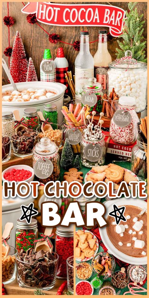 Prepare a fun and festive Hot Chocolate Bar for your holiday or winter gatherings! Start with a delicious hot chocolate recipe then add all the toppings! Holiday Cocoa Bar, Coffee And Hot Cocoa Bar Ideas, Work Hot Cocoa Bar, Hot Cocoa Bar Christmas Party, Hot Chocolate Bar Toppings, Coffee And Hot Chocolate Bar Ideas, Christmas Hot Chocolate Bar Ideas, Coffee Bar Party Ideas, Christmas Cocoa Bar Ideas